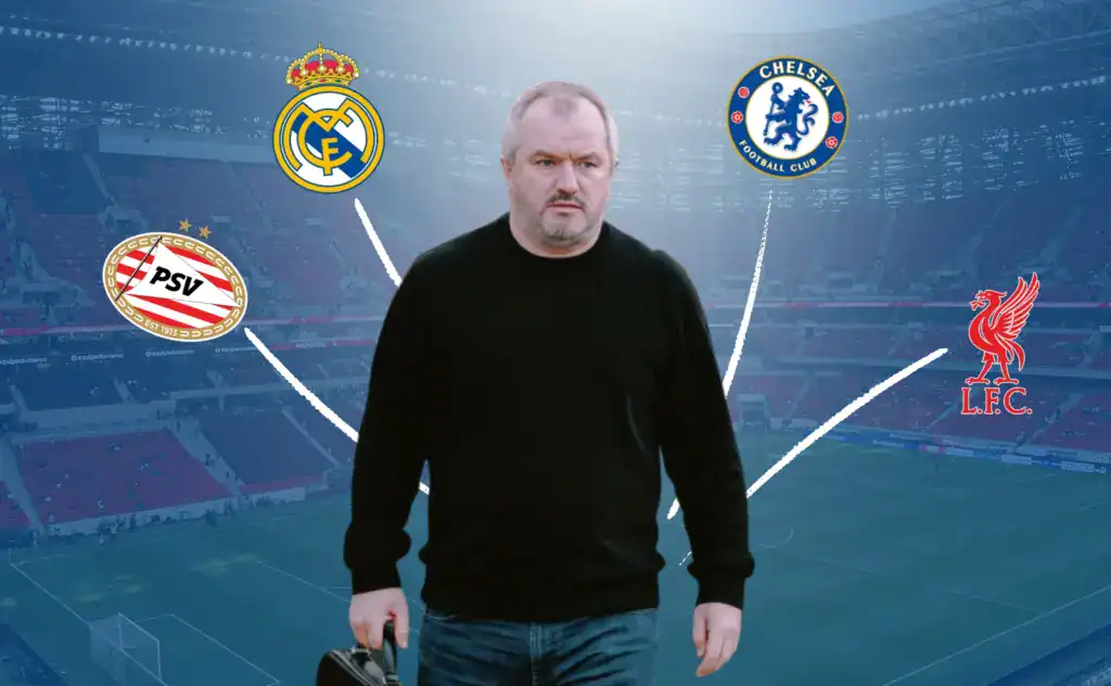 Vlado Lemic avec un stade en arrière plan et le logo des clubs dans lesquels il a représenté des joueurs.