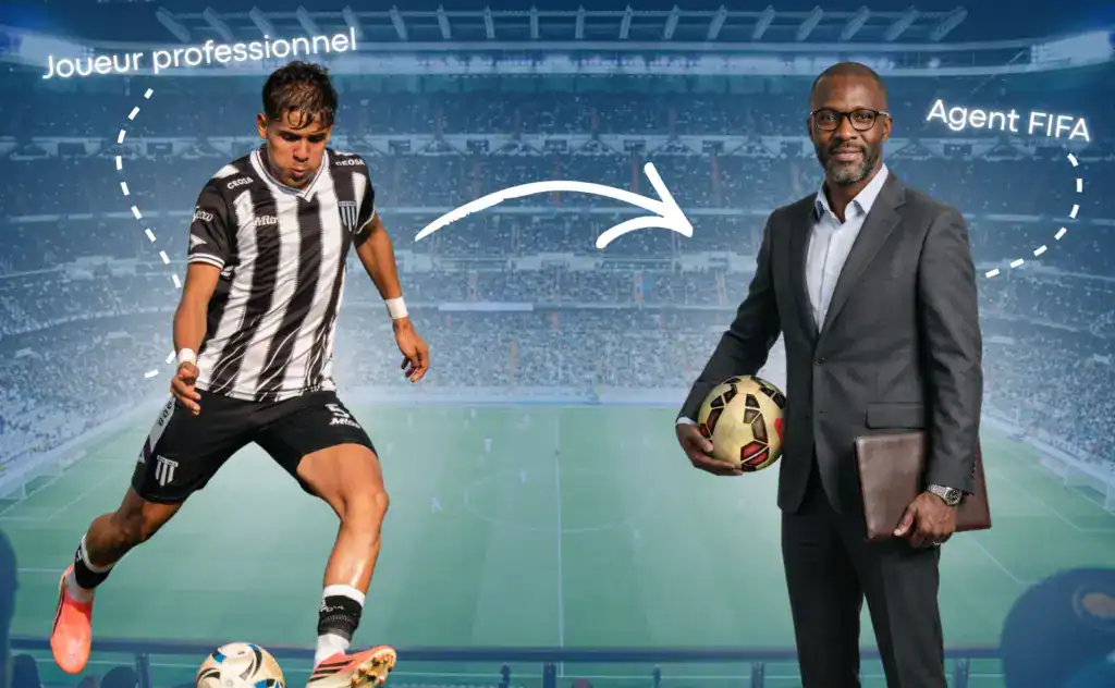 Un joueur professionnel en action à gauche et un agent FIFA en costume à droite, illustrant la reconversion de joueur à agent FIFA.