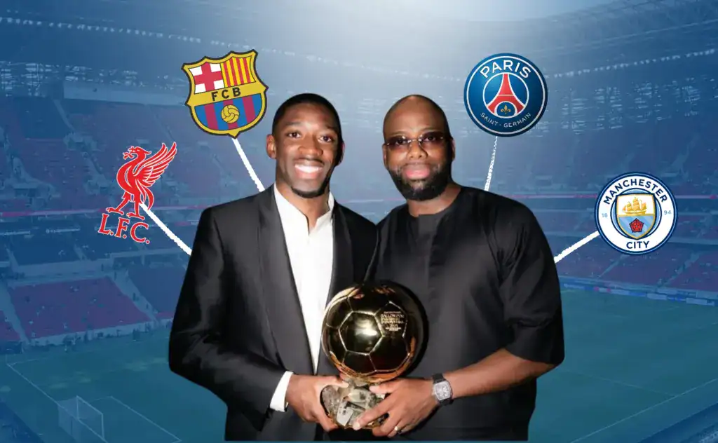 Moussa Sissoko, football agent, alongside Ousmane Dembélé and his 2025 Ballon d’Or, surrounded by the crests of FC Barcelona, PSG, Liverpool and Manchester City.